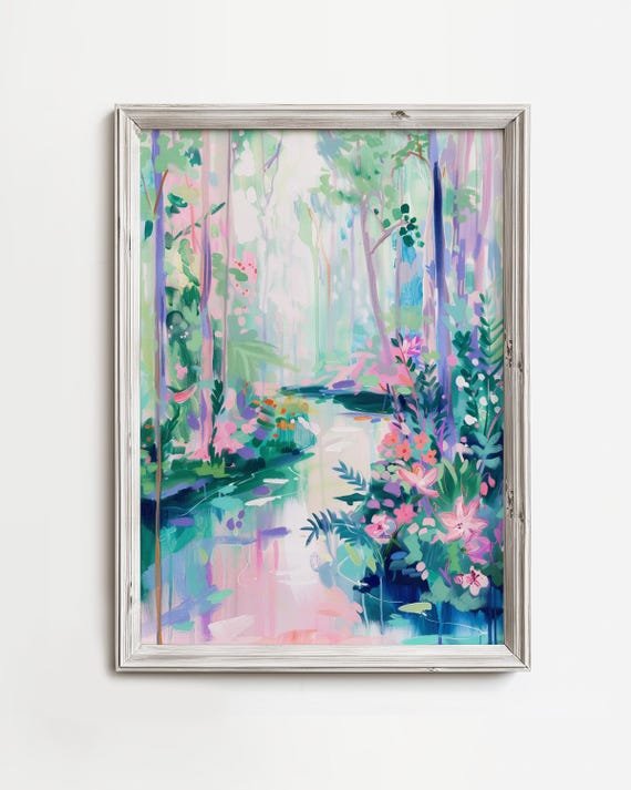 Tropical Pastel River Painting Pretty Art Print Colorful Landscape Wall Decor Bright Scenic Woods Nature Home Pink Girly