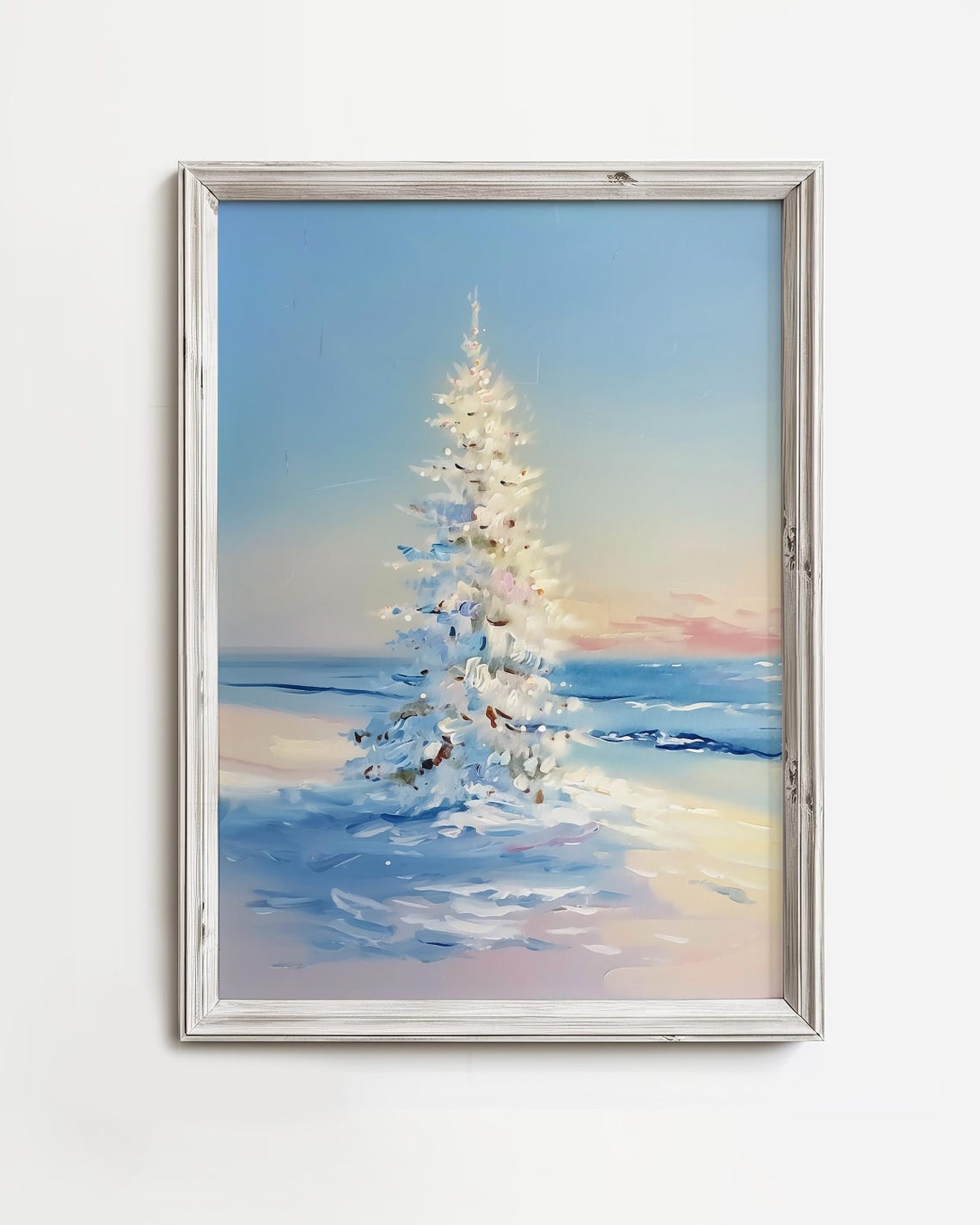 Snowy Christmas Tree on Beach Pastel Sunrise Coastal Holiday Art Print