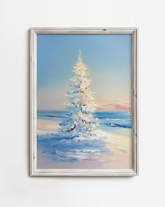 Snowy Christmas Tree on Beach Pastel Sunrise Coastal Holiday Art Print