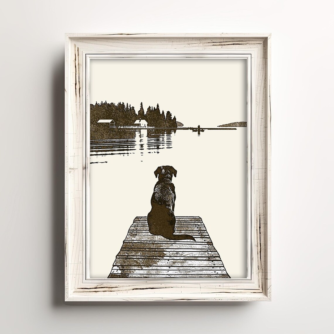 Labrador on Lake Dock, Coastal Cottage Art Print