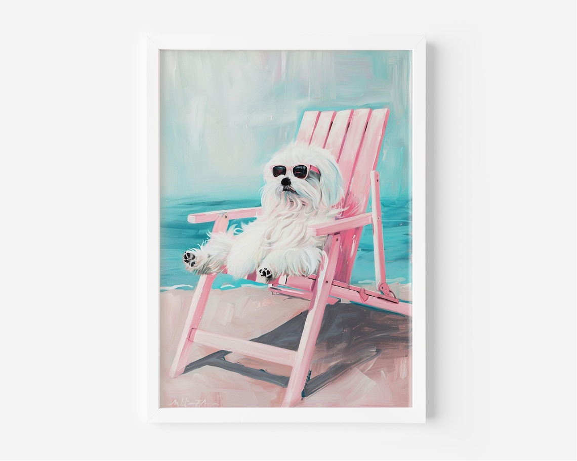 White Dog Sunglasses Pink Beach Chair Relaxing Summer Fun Art Poster