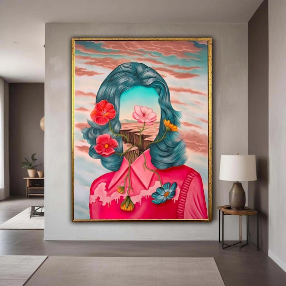 Surreal Floral Face Woman Turquoise Hair Pop Art Portrait Print