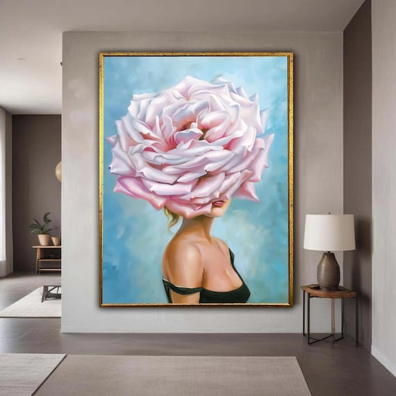 Surreal Woman With Giant Pink Rose Headpiece Modern Floral Canvas Wall Art Feminine Abstract Portrait Home Gift Decor