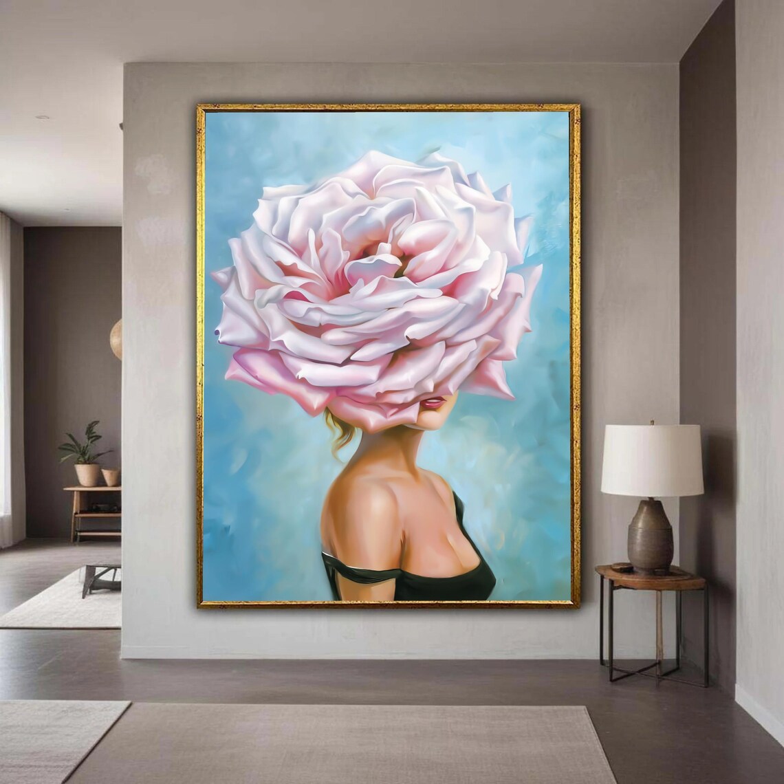 Surreal Woman with Giant Pink Rose Head Modern Floral Poster