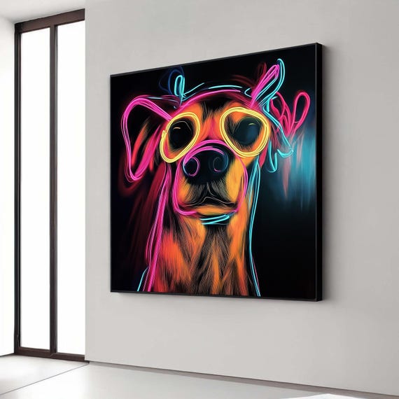 Neon Dog Portrait Canvas Wall Art Modern Animal Artwork Vibrant Colorful Pet Illustration Fun Home Decor Ready To Gift