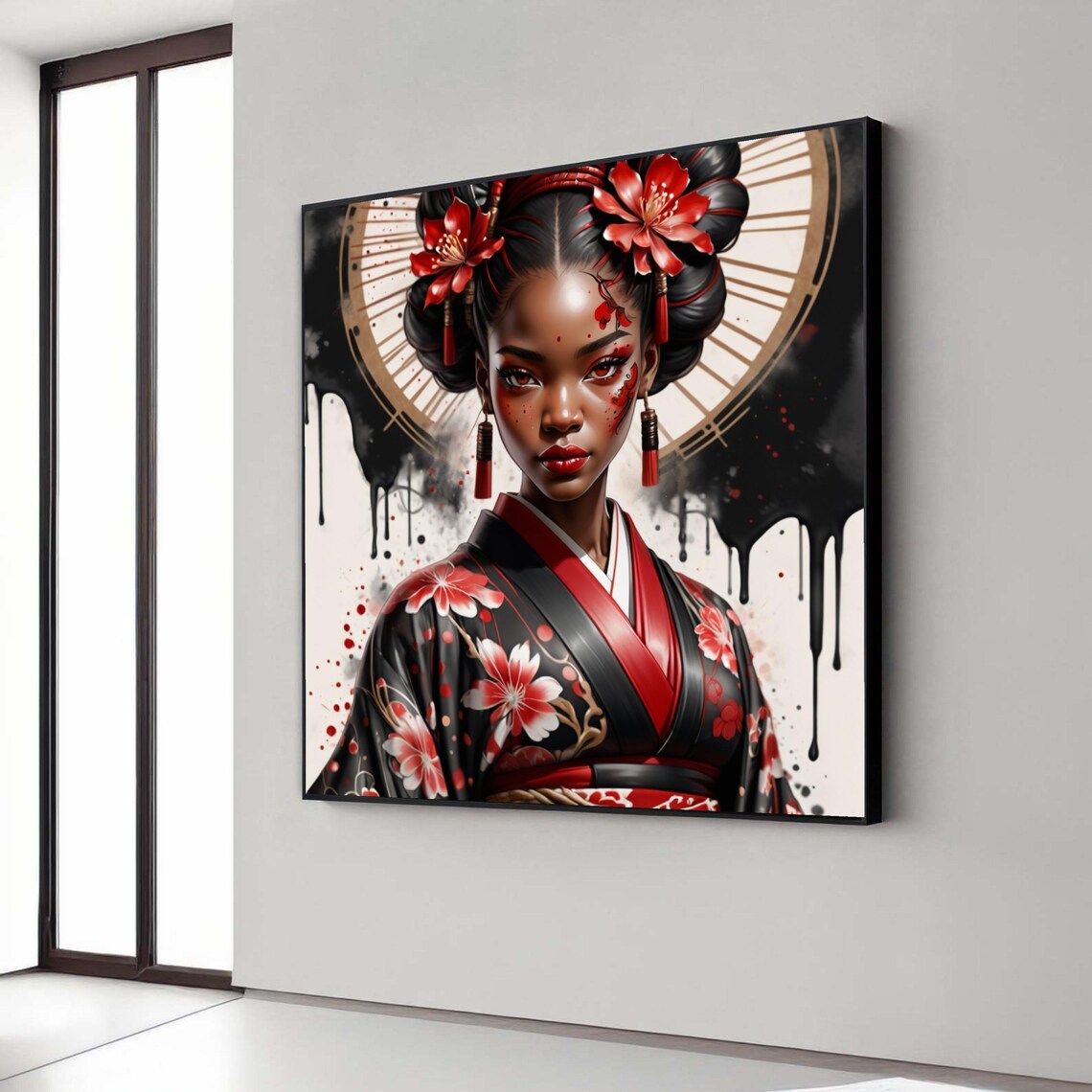 Elegant Geisha Woman Red And Black Kimono Floral Portrait Print
