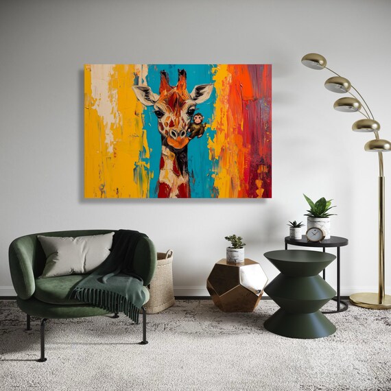 Giraffe And Monkey Whimsical Colorful Abstract Animal Friends Art Poster