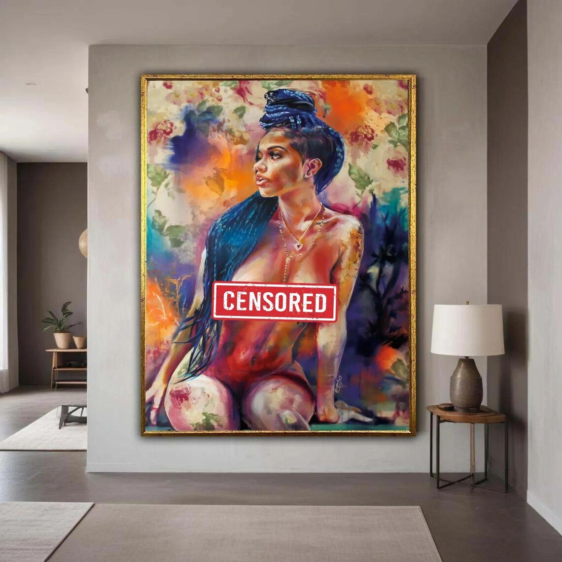 Colorful Nude Woman With Braided Hair Vibrant Figurative Art Poster
