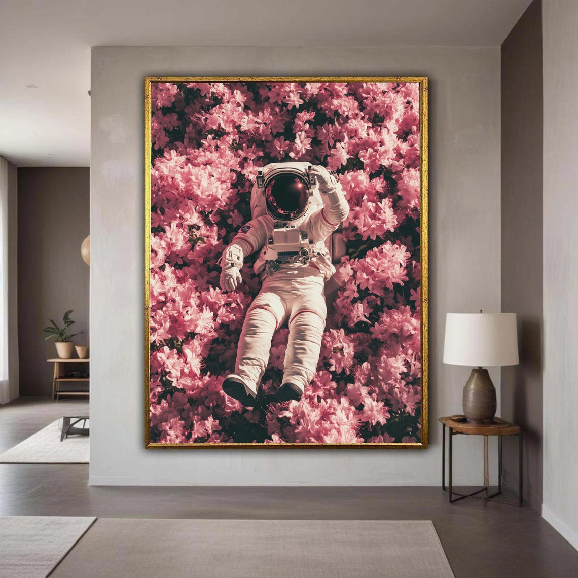 Astronaut Reclining Among Pink Flowers Surreal Space Floral Poster