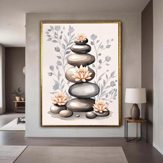 Stacked Zen Stones Canvas Flower Watercolor Art Serene Meditation Print Minimalist Spiritual Decor Grey Pink Yoga Gift