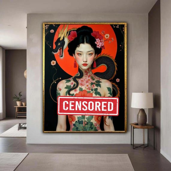 Oriental Beauty With Dragon And Floral Tattoos Canvas Asian Woman Portrait Wall Art Red Black Decorative Gift Home Decor