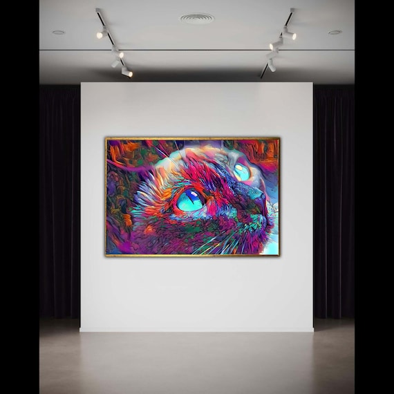 Vibrant Cat Portrait Canvas Abstract Animal Wall Art Colorful Feline Painting Modern Home Decoration Eyecatching Gift Decor