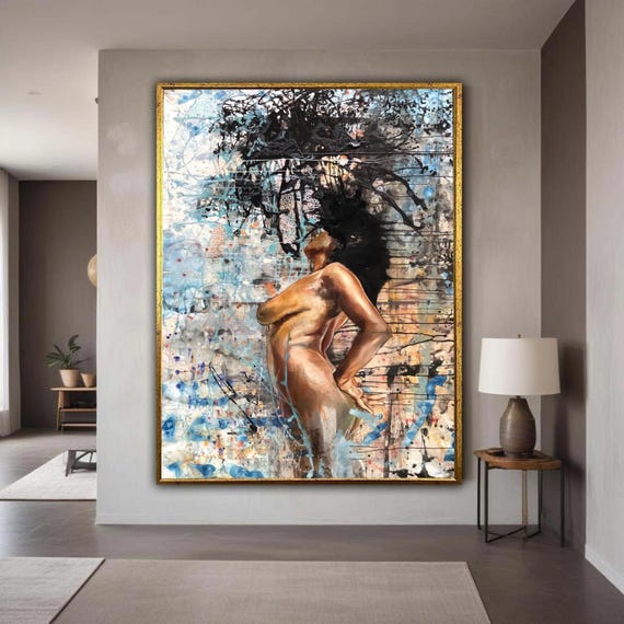 Abstract Nude Woman Canvas Contemporary Art Wall Decor Expressionist Female Figure Mixed Media Painting Gift Home