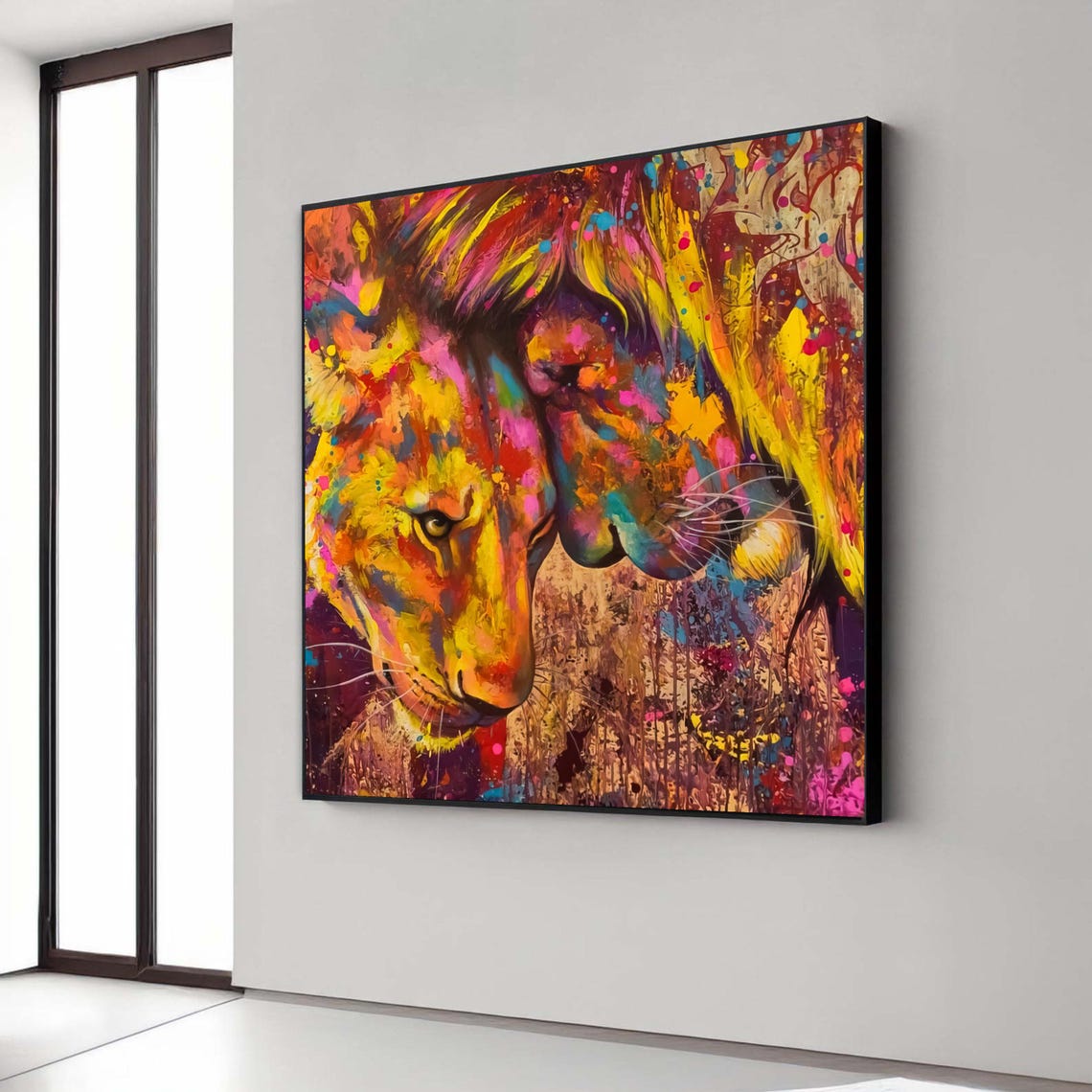 Abstract Colorful Lion Pair Nuzzling Splash Art Portrait Poster