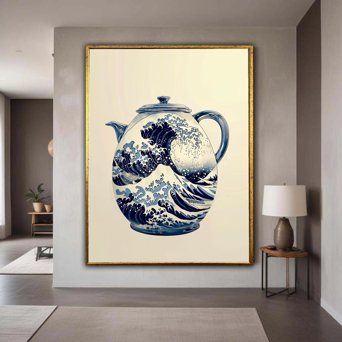 Hokusai Great Wave Printed on a Blue and White Porcelain Teapot Japanese Art Poster