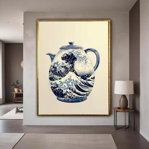 Hokusai Great Wave Printed on a Blue and White Porcelain Teapot Japanese Art Poster