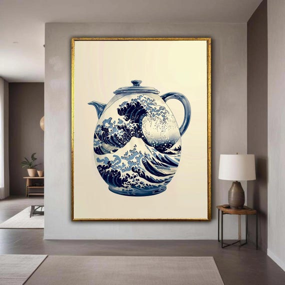 Ocean Wave Teapot Canvas Wall Art Japanese Print Blue Ceramic Style Home Decor Kitchen Modern Gift