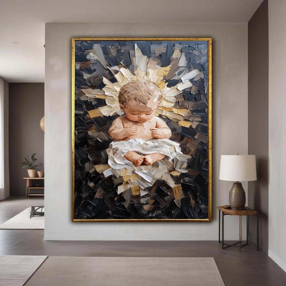 Angelic Baby Portrait Canvas Oil Painting Style Spiritual Nursery Wall Art Tender Infant Decor Modern Gift Home