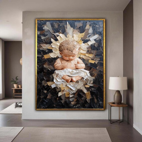 Baby Angel Halo Impasto Oil Painting Spiritual Nursery Poster