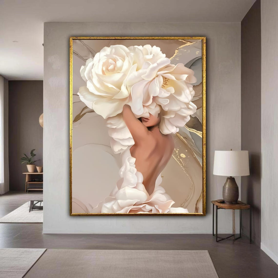 Woman with Giant White Roses Elegant Golden Floral Art Poster