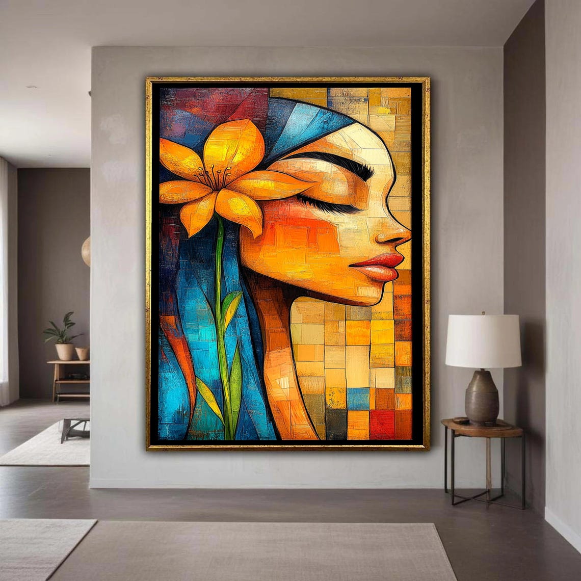 Golden Woman Portrait With Yellow Lily Mosaic Modern Face Poster