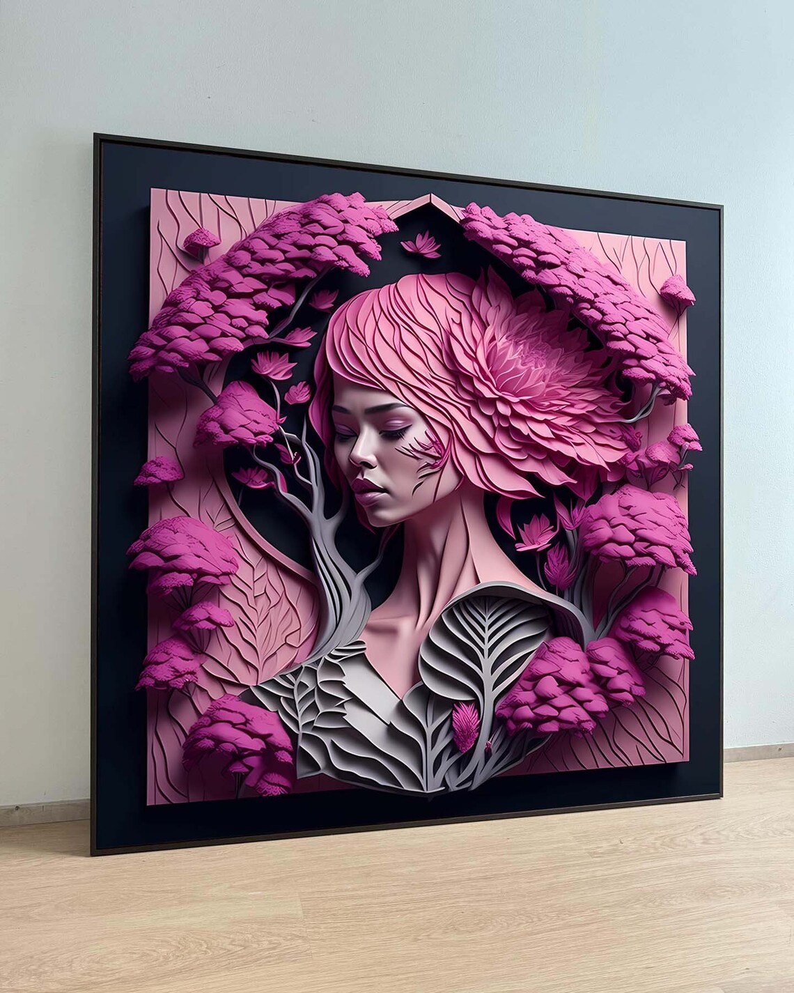 3D Floral Woman Portrait Pink Flower Paper Cut Bloom Art Poster