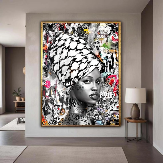 Afrocentric Woman Portrait Zebra Pattern Headwrap Graffiti Wall Art