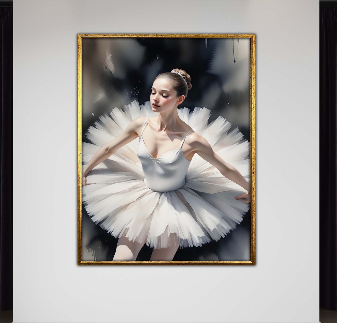 Elegant Ballerina White Tutu Dark Background Dance Art Poster
