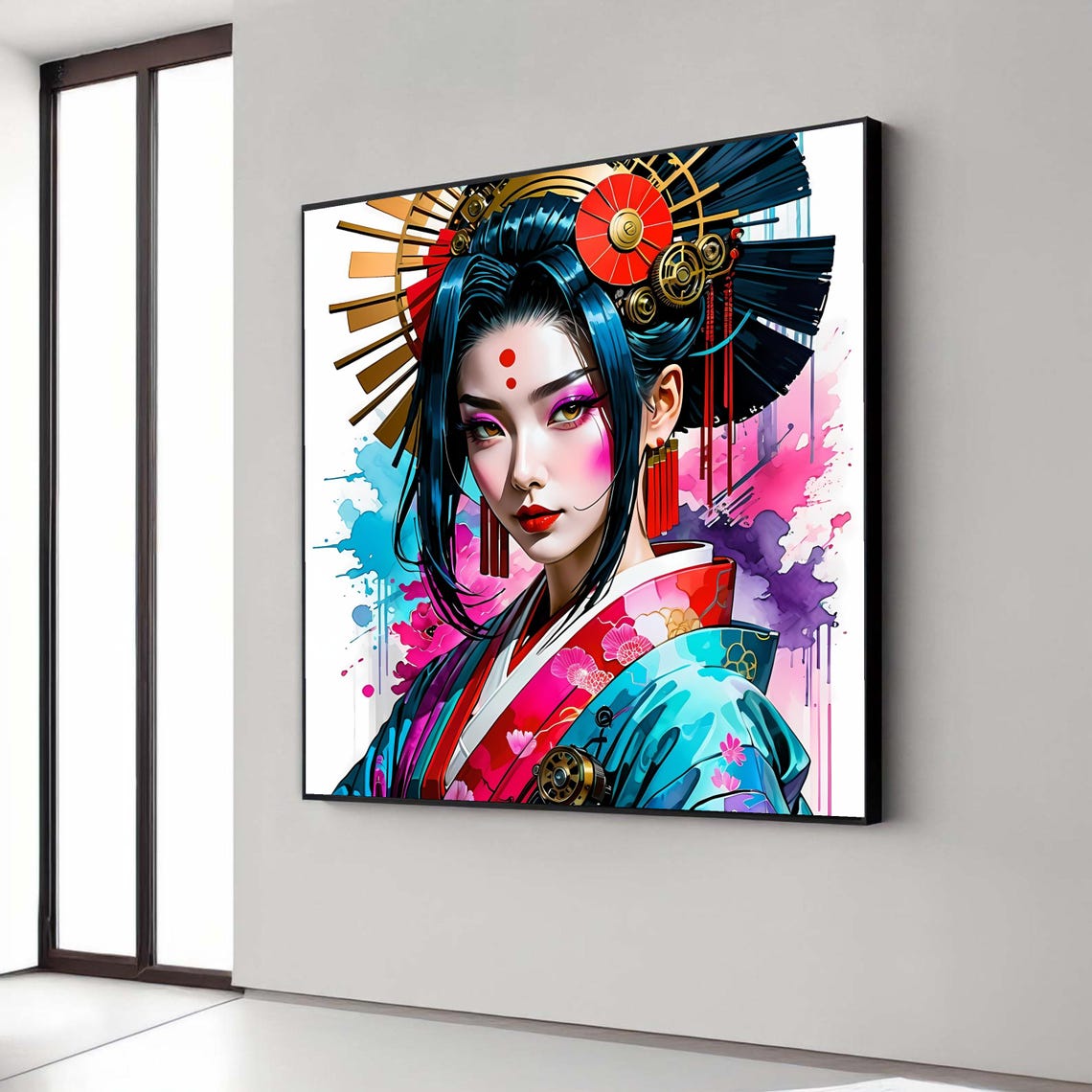 Modern Geisha Portrait With Ornate Fan Headdress Colorful Ink Poster