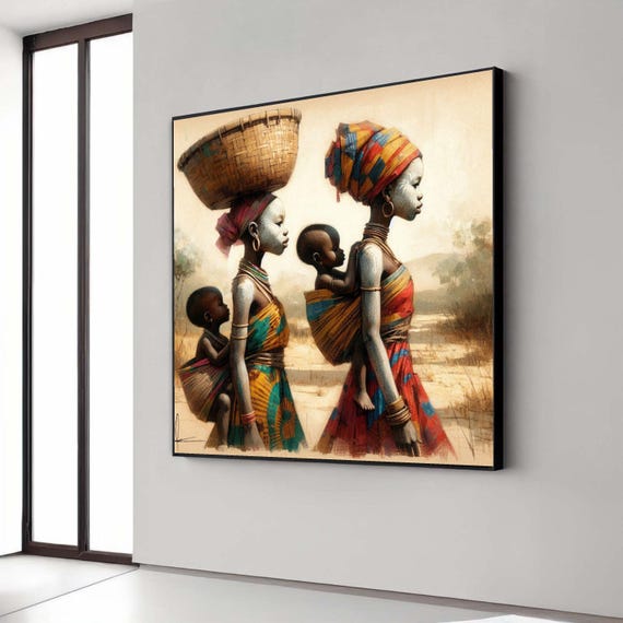 Madagascar Mothers Canvas Art African Women Child Print Tribal Family Portrait Warm Tone Cultural Decor Joyful Spirits Painterly
