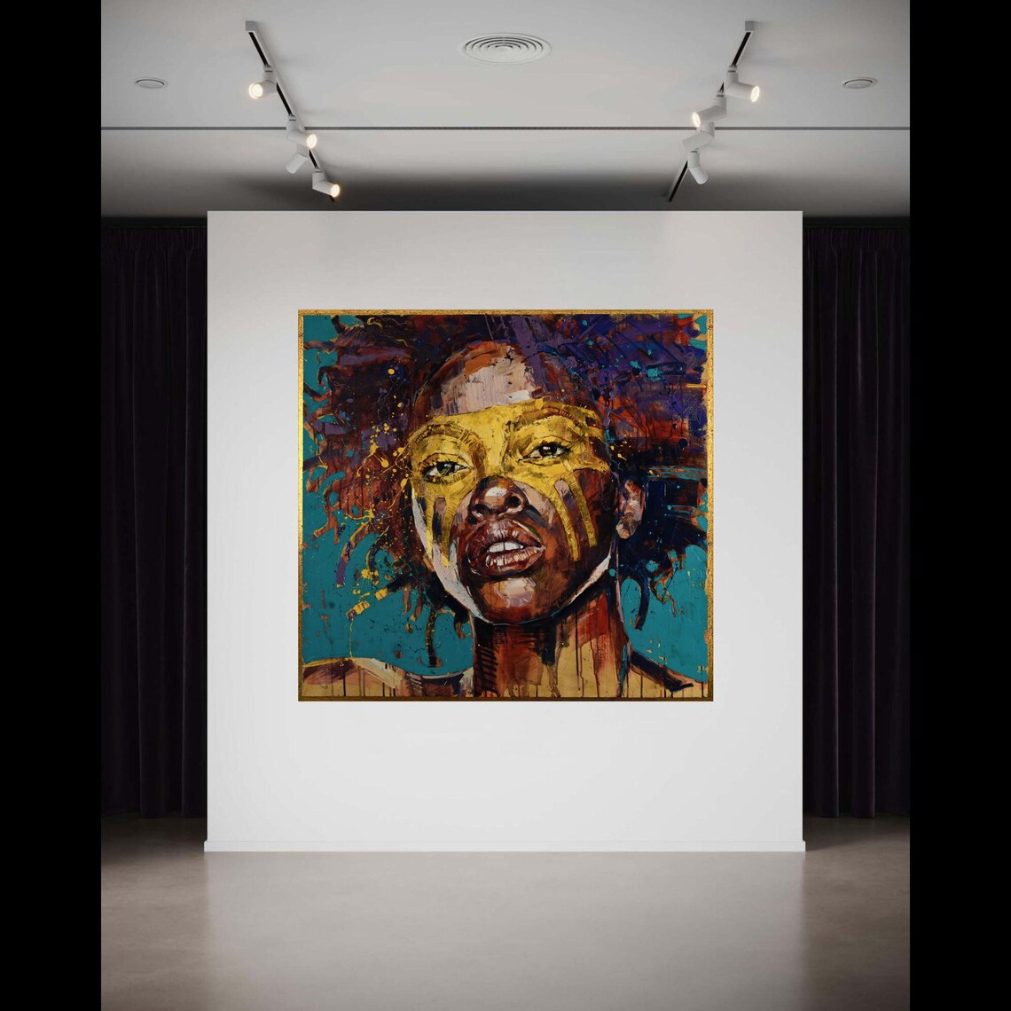 Expressive Black Woman Portrait Gold Paint Drips Bold Abstract Poster