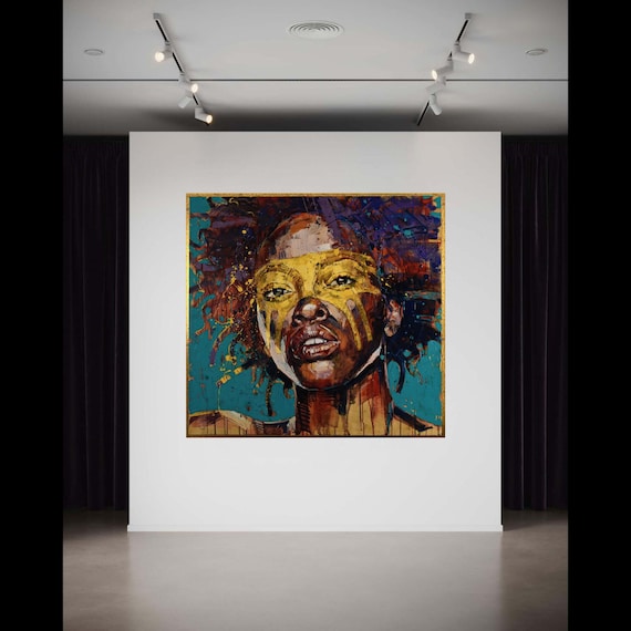 Expressive Black Woman Portrait Gold Paint Drips Bold Abstract Poster