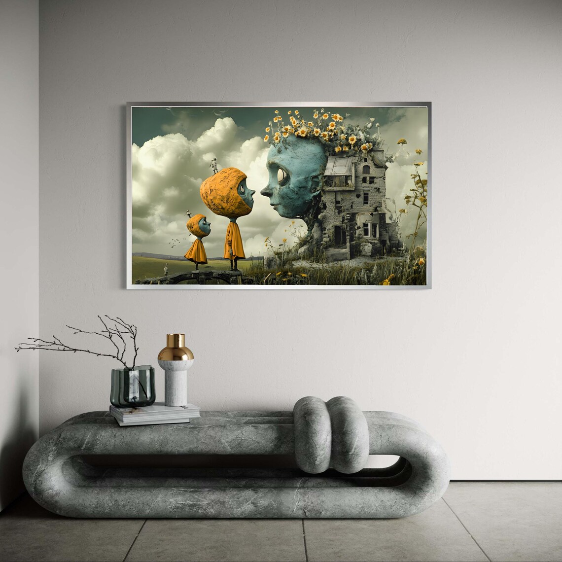 Whimsical Surreal Giant Stone Head House Orange Figures Dreamy Poster