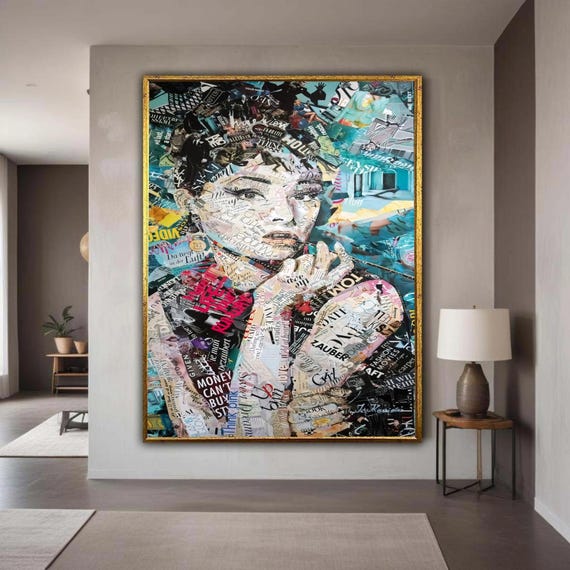 Audrey Hepburn Collage Portrait Canvas Vintage Pop Art Wall Decor Celebrity Icon Fashion Magazine Style Gift Home
