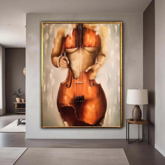 Violin Female Figure Double Exposure Warm Music Abstract Wall Art