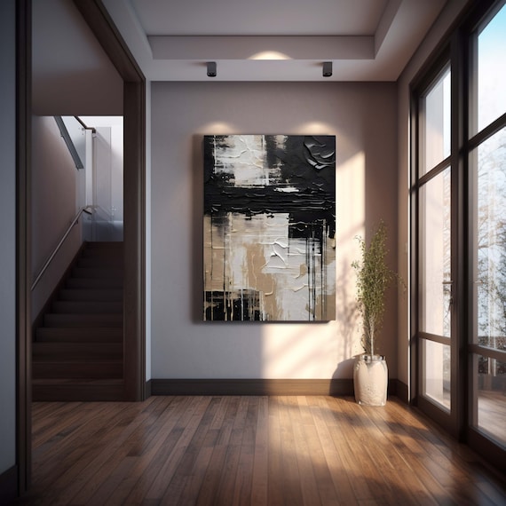 Black Wall Art Abstract Textured And White Canvas Modern Neutral Tones Ready To Hang