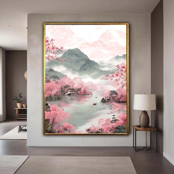 Cherry Blossom Lake Asian Landscape Pink Mountain Pagoda Poster