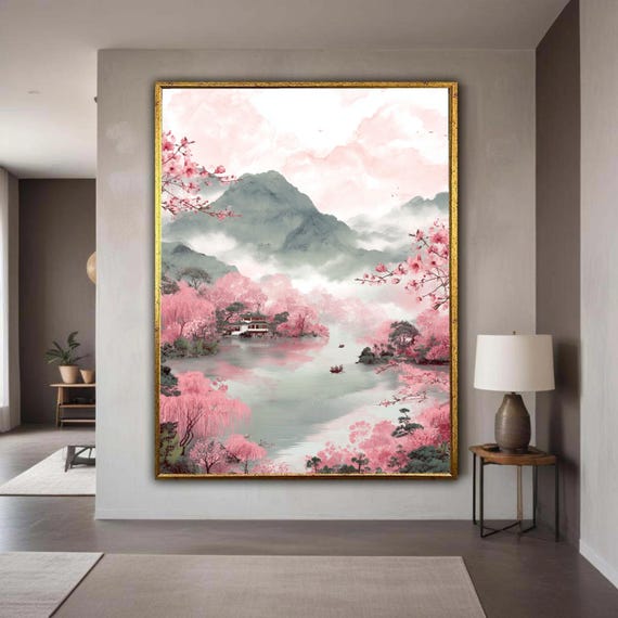 Serene Cherry Blossom Lake Asian Landscape Canvas Pink Floral Trees Misty Mountain View Tranquil Water Scene Home Gift Art Decor