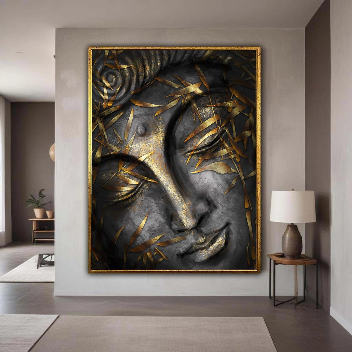 Serene Buddha Face Canvas Wall Art Gold Leaf Accents Zen Meditation Decor Spiritual Home Decoration Tranquil Gift