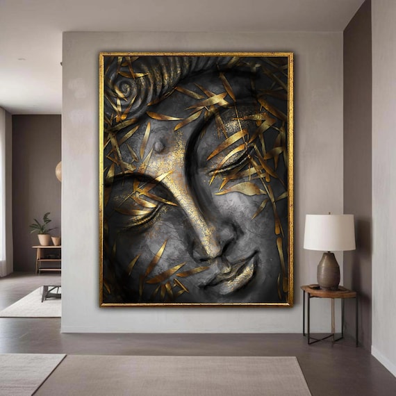Serene Buddha Face Canvas Wall Art Gold Leaf Accents Zen Meditation Decor Spiritual Home Decoration Tranquil Gift