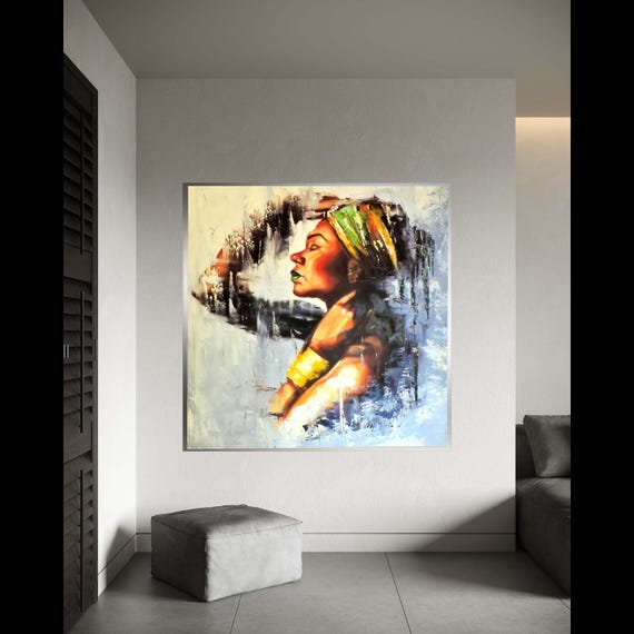 Vibrant African Woman Profile Canvas Abstract Portrait Wall Art Ethnic Home Decor Colorful Headwrap Painting Modern Gift