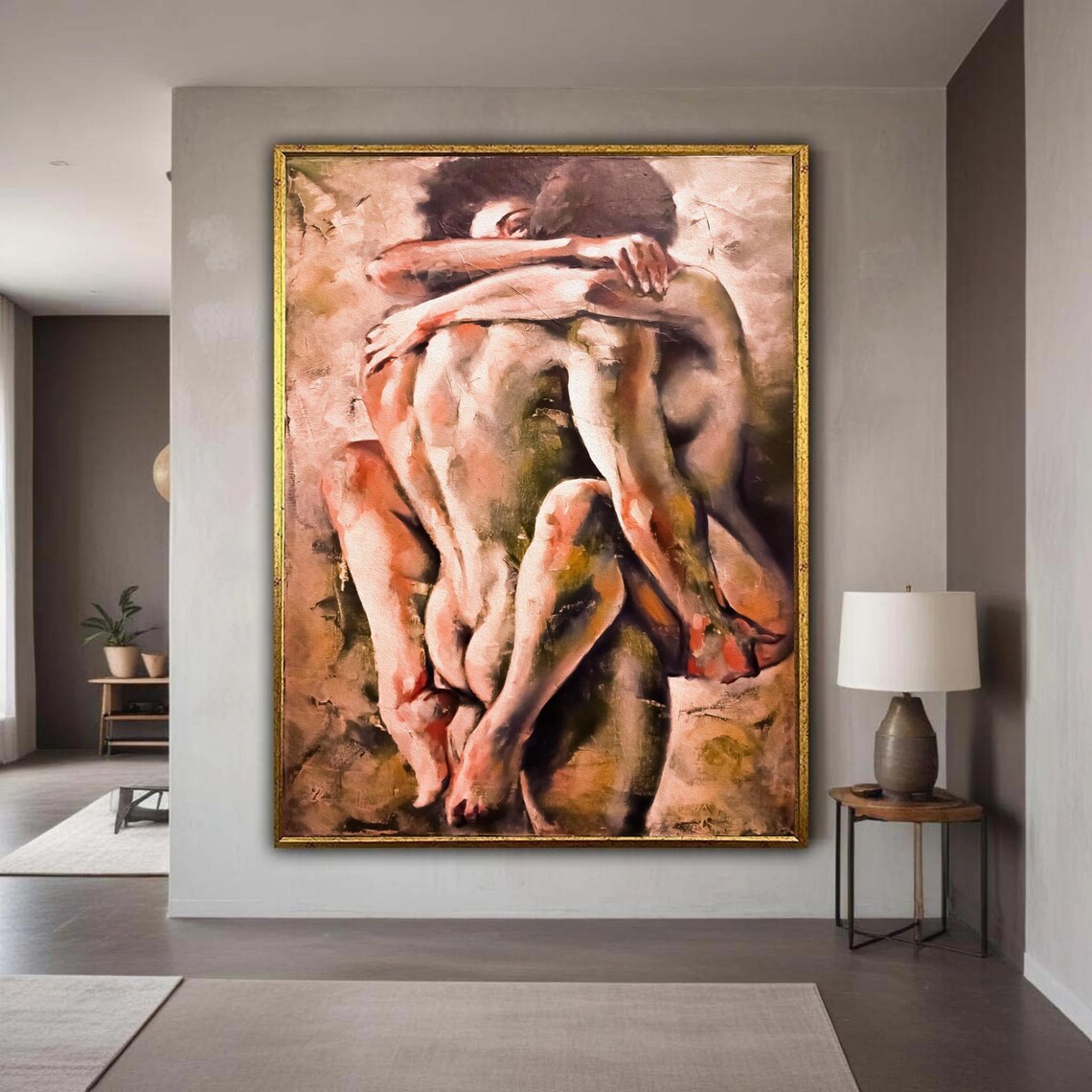 Tender Embracing Couple Romantic Nude Oil Painting Love Art Poster