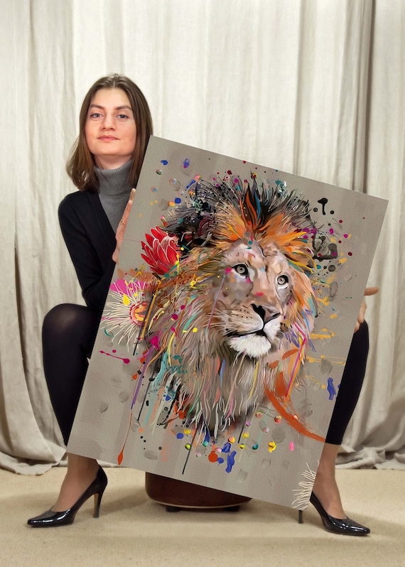 Lion Canvas Art Colorful Abstract Wildlife Painting Modern Animal Wall Decor Home Poster Ready To Hang Print