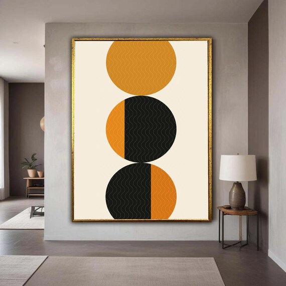 Mid Century Modern Geometric Circles Canvas Print Abstract Orange Black Wall Art Retro Minimalist Home Decor Boho Inspired Artwork Gift