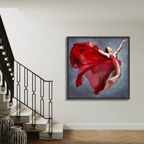 Elegant Ballet Dancer In Flowing Red Dress Canvas Graceful Dance Wall Art Contemporary Figure Painting Home Decor Gift