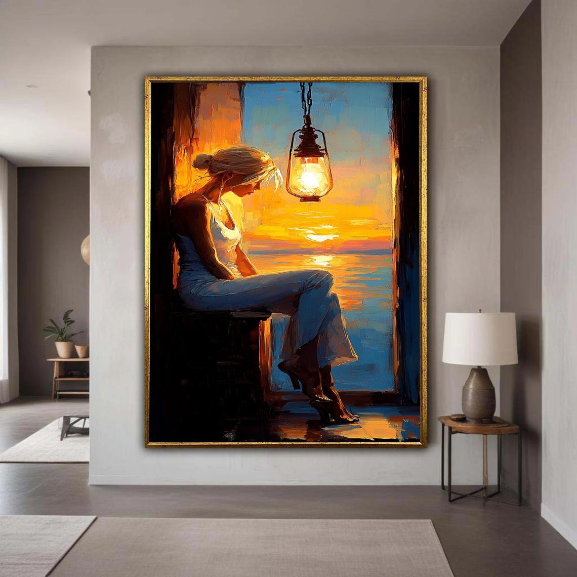 Contemplative Woman At Sunset With Warm Lantern Glow Painting Poster