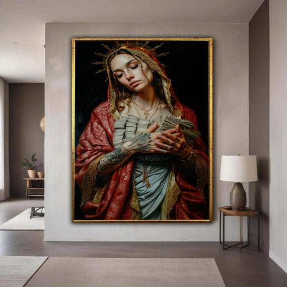 Modern Mary Icon Tattooed Woman Canvas Art Religious And Edgy Wall Decor Contemporary Spiritual Portrait Gold Crown Gift Home