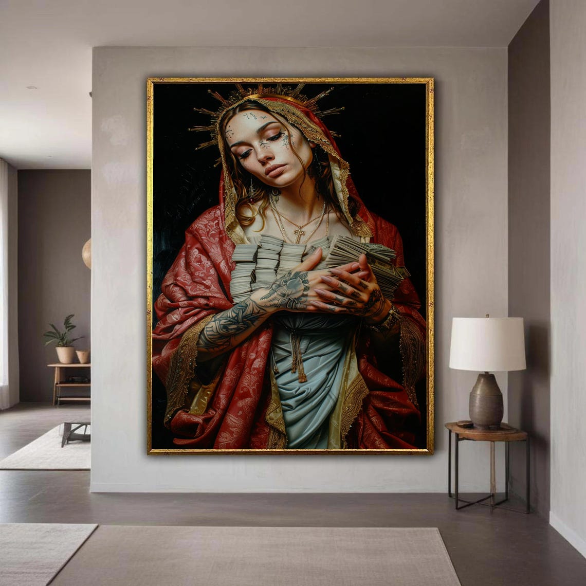 Tattooed Madonna Red Veil Crowned Halo Renaissance Style Poster