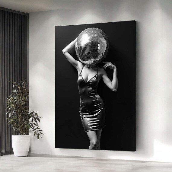 Black And White Disco Ball Head Woman Retro Funk Party Wall Art