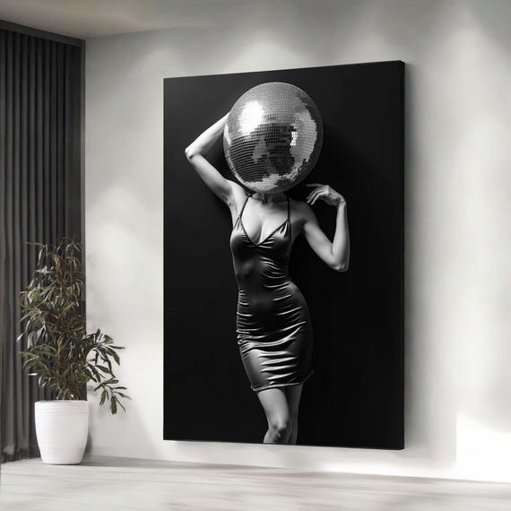Disco Ball Canvas Black White Mirror Woman Retro Funk Party Wall Art For Game Room Dance Lounge